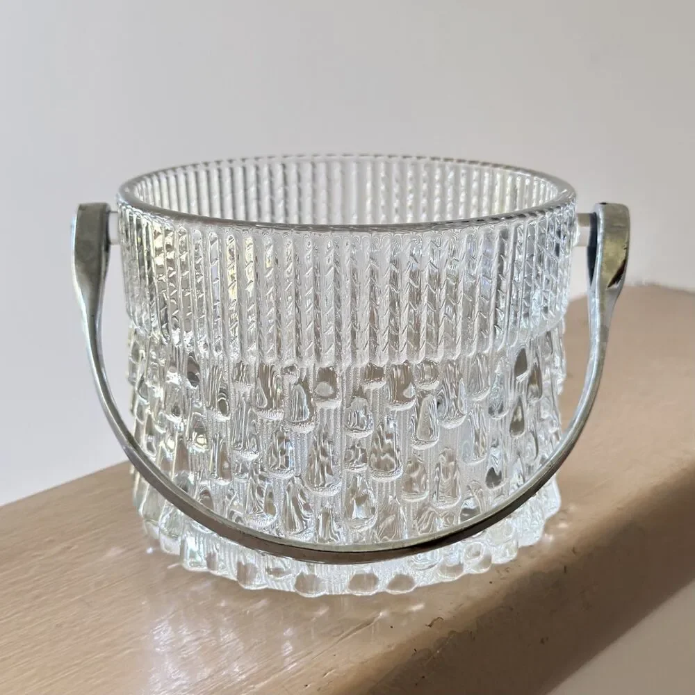 Vintage Teleflora Clear Glass Ice Bucket with Chrome Handle Made in France